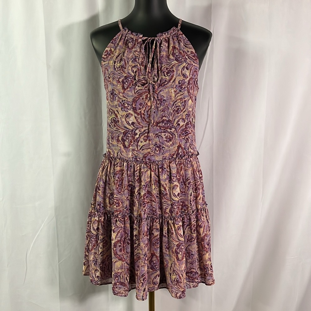 Anthro DREW Purple Paisley Tiered Hem Sleeveless Halter Tie Neck Mini Dress